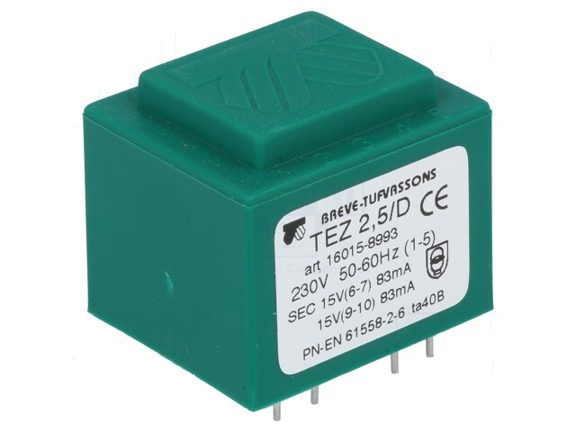 Transformator: ingegoten; 2,5VA; 230VAC; 15V; 15V; 83,3mA; 83,3mA Transformator: ingegoten; 2,5VA; 230VAC; 15V; 15V; 83,3mA; 83,3mA